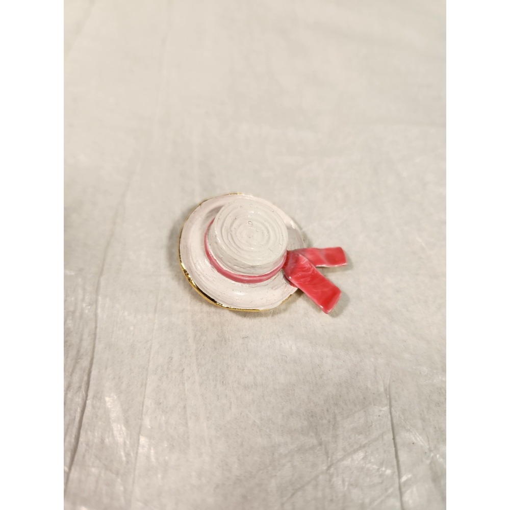 Vintage Original by Robert Enamel Straw Hat Brooch White Pink Ribbon Signed